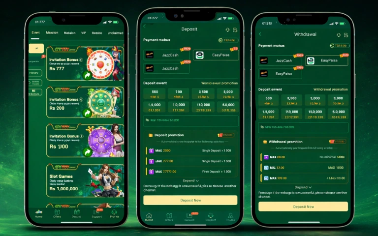 CT777 Game mobile app interface showing bonuses, deposit, and withdrawal screens