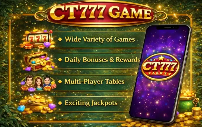 CT777 Game Download 3 CT777 Game feature banner showing a mobile phone with CT777 Game logo, highlighting wide variety of games, daily bonuses, multiplayer tables, and exciting jackpots.